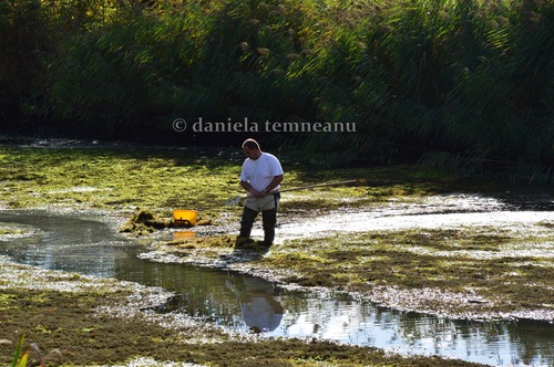 Product picture man cleaning a lake, oxygenating the water, enviroment care
